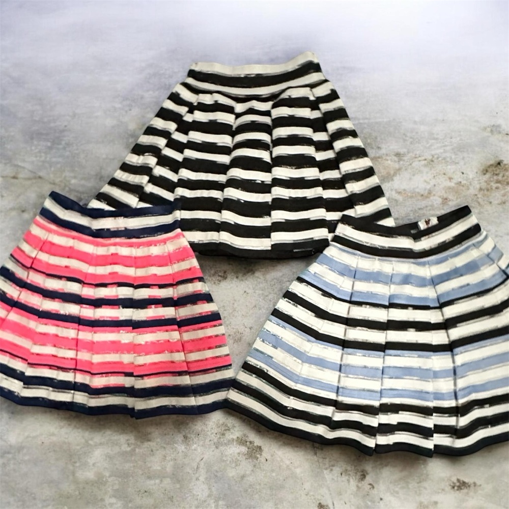 Striped Pleated A-Line Skirt - Black/White, Pink/Black, Blue/White
